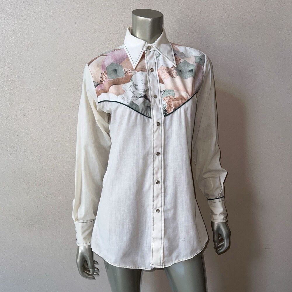 Vintage Men’s Western Shirt Small Pearl Snap Southwestern Pueblo Print Disco 70s